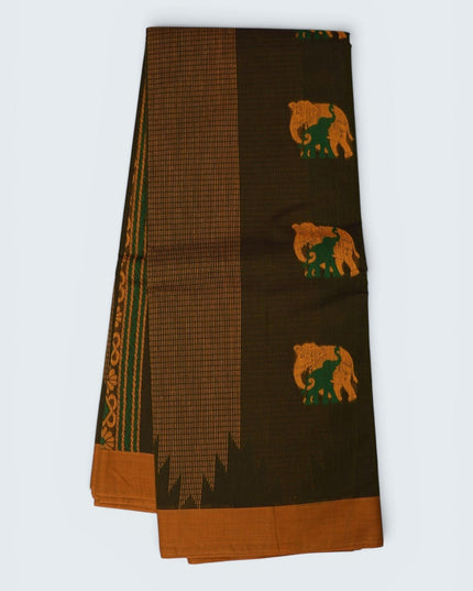 Bhavana Handlooms dark olive green handloom saree with mustard gold border and traditional woven elephant motifs.