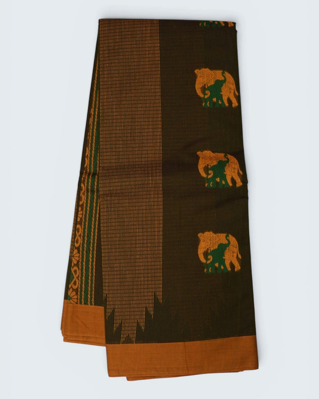 Bhavana Handlooms dark olive green handloom saree with mustard gold border and traditional woven elephant motifs.