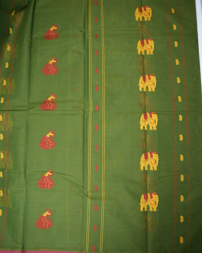 Bhavana Handlooms dark olive green handloom saree with yellow elephant motifs and contrast rani pink woven border