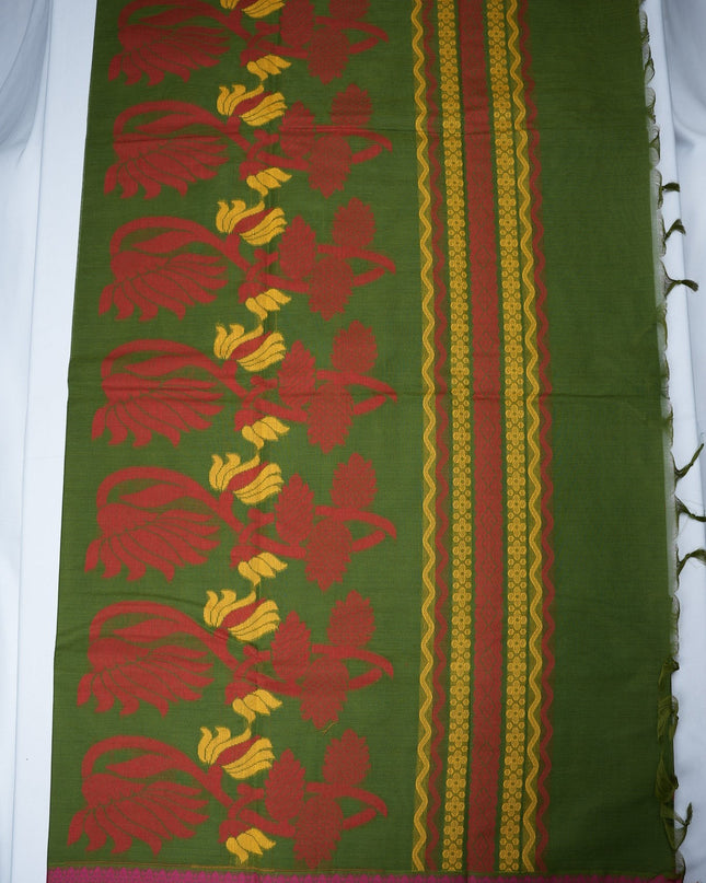 Bhavana Handlooms dark olive green handloom saree featuring traditional elephant motifs and a contrast rani pink border