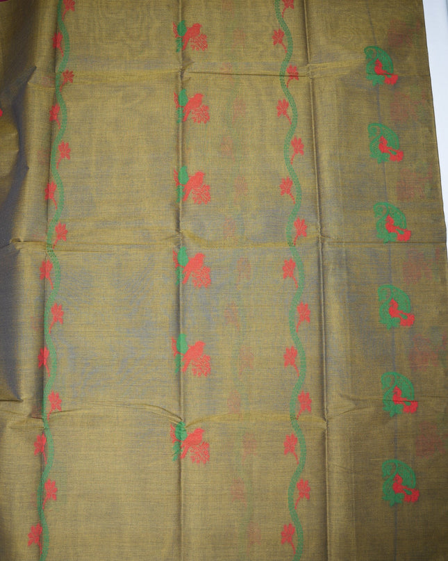 Bhavana Handlooms olive green Coimbatore handloom saree featuring traditional red bird motifs and a contrast maroon border.