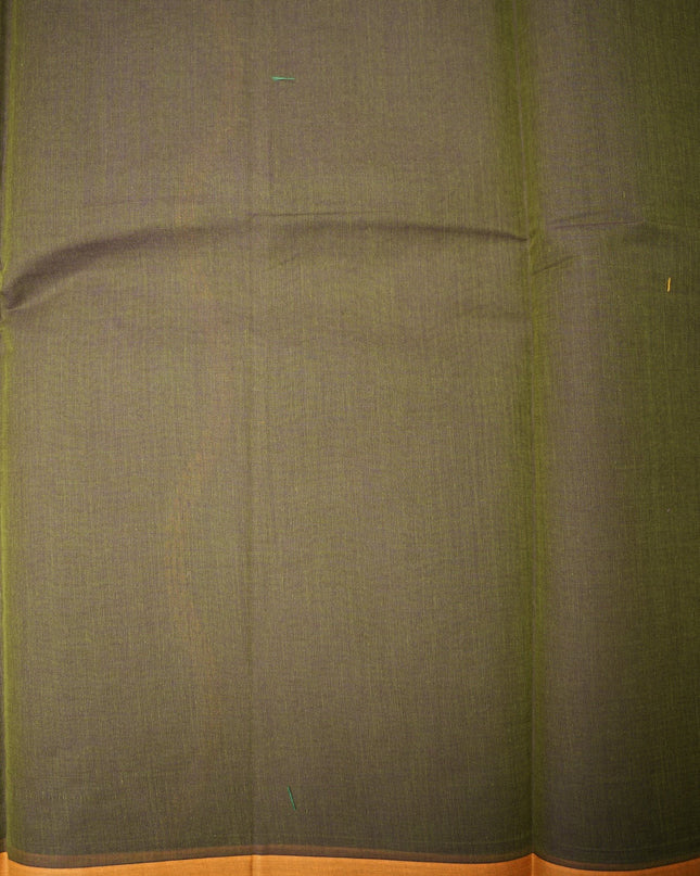 Bhavana Handlooms dark olive green Coimbatore handloom saree with a contrast mustard woven border