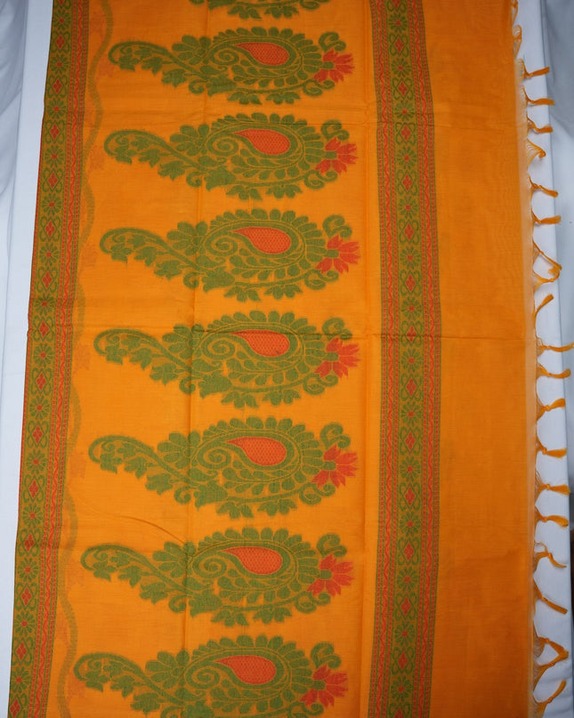 Bhavana Handlooms orange cotton saree with green bird motifs and a contrast maroon woven border