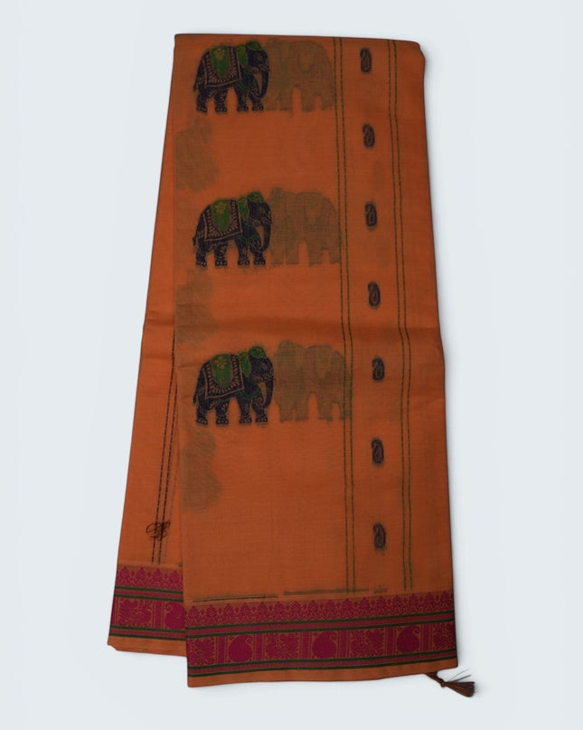 Bhavana Handlooms peach orange Coimbatore handloom saree featuring traditional elephant motifs and a rani pink border.