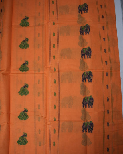 Bhavana Handlooms peach orange Coimbatore handloom saree with green elephant motifs and contrast rani pink border