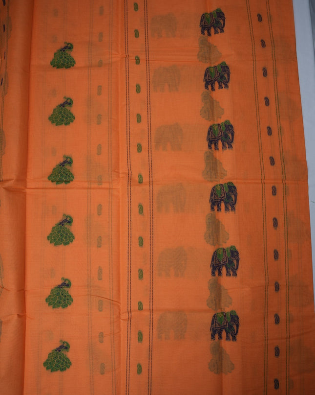 Bhavana Handlooms peach orange Coimbatore handloom saree with green elephant motifs and contrast rani pink border