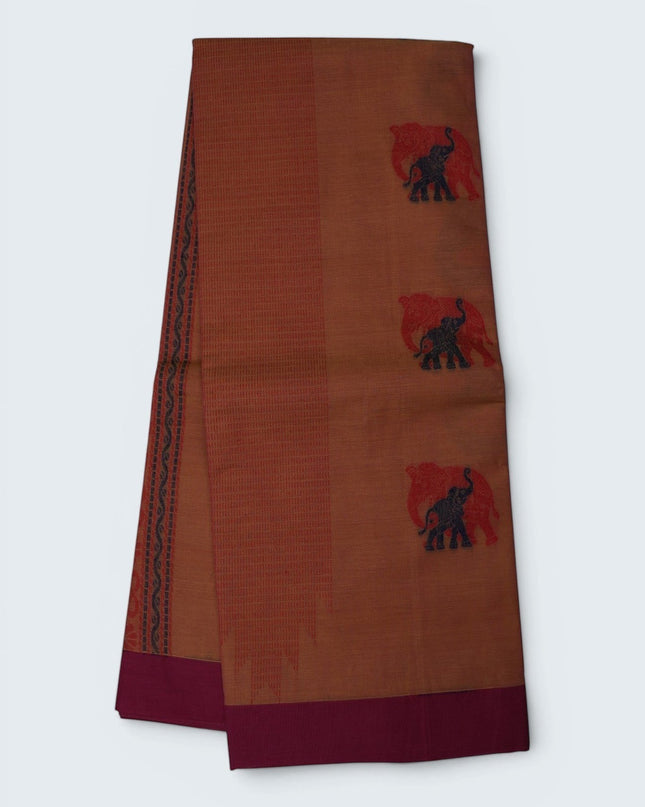 Bhavana Handlooms peach orange Coimbatore handloom saree with traditional elephant motifs and contrast rani pink border