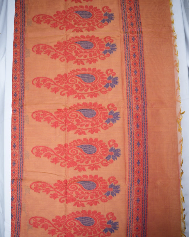 Bhavana Handlooms peach orange Coimbatore handloom saree featuring traditional bird motifs and a magenta woven border.