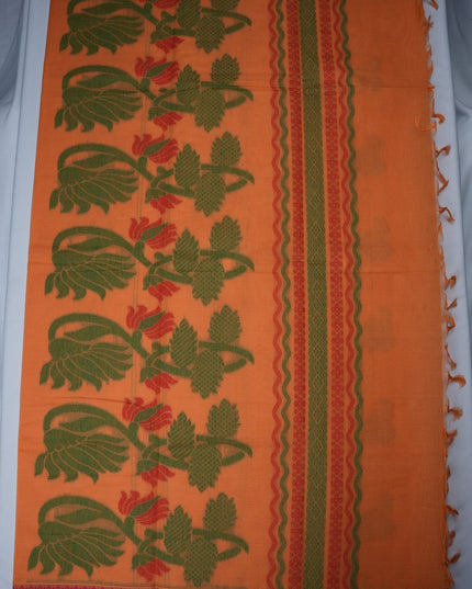 Bhavana Handlooms peach orange Coimbatore handloom saree with green elephant motifs and contrast rani pink border