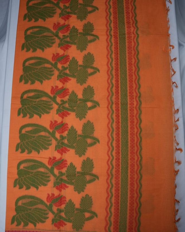Bhavana Handlooms peach orange Coimbatore handloom saree with green elephant motifs and contrast rani pink border