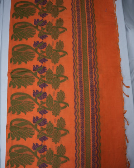 Bhavana Handlooms peach orange Coimbatore handloom saree featuring traditional elephant motifs and a rani pink border.