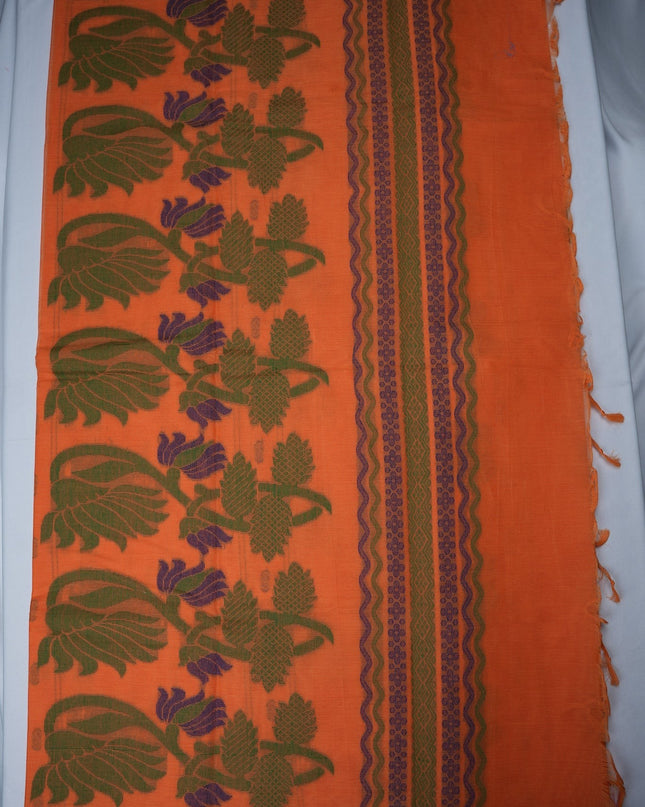 Bhavana Handlooms peach orange Coimbatore handloom saree featuring traditional elephant motifs and a rani pink border.