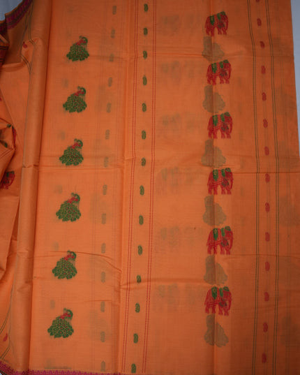 Bhavana Handlooms peach orange Coimbatore handloom saree with green elephant motifs and contrast rani pink border.
