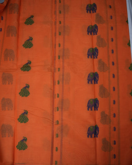Bhavana Handlooms peach orange Coimbatore handloom saree featuring traditional elephant motifs and rani pink border.