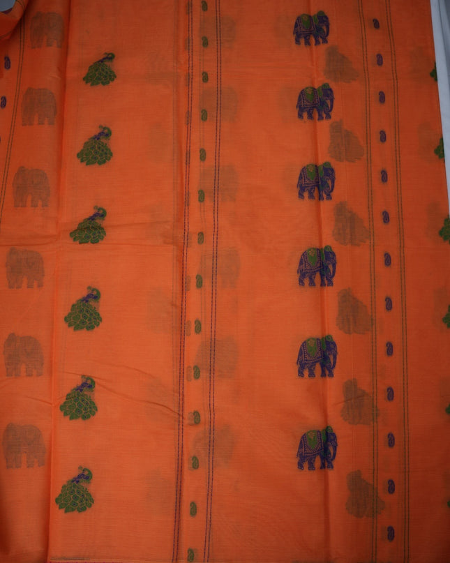 Bhavana Handlooms peach orange Coimbatore handloom saree featuring traditional elephant motifs and rani pink border.