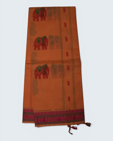Bhavana Handlooms peach orange Coimbatore handloom saree featuring traditional red elephant motifs and rani pink border