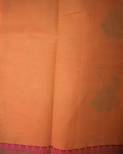 Bhavana Handlooms peach orange Coimbatore handloom saree featuring traditional elephant motifs and a rani pink border.