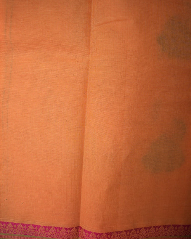 Bhavana Handlooms peach orange Coimbatore handloom saree featuring traditional elephant motifs and a rani pink border.