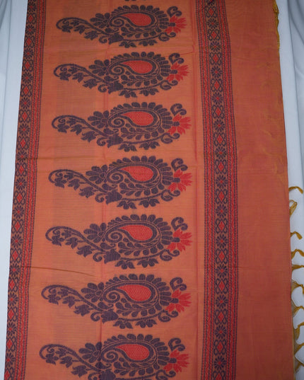 Bhavana Handlooms peach orange Coimbatore handloom saree featuring dark elephant motifs and a contrast rani pink border