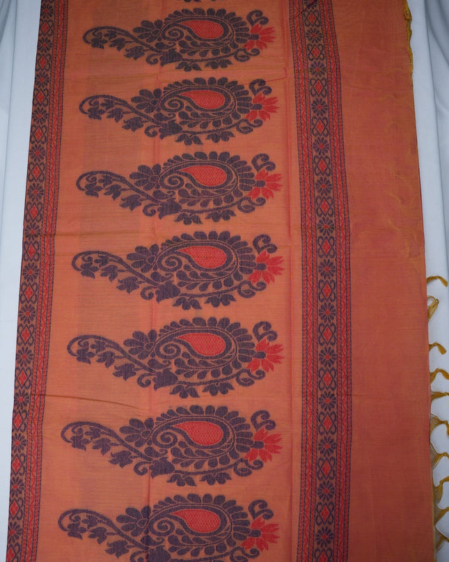 Bhavana Handlooms peach orange Coimbatore handloom saree featuring dark elephant motifs and a contrast rani pink border
