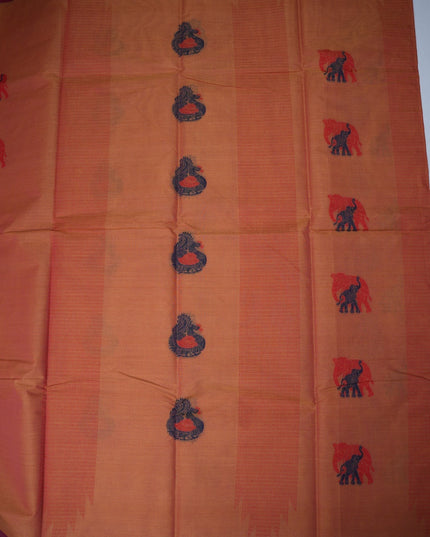Bhavana Handlooms peach orange handloom saree with traditional elephant motifs and a contrast rani pink woven border.