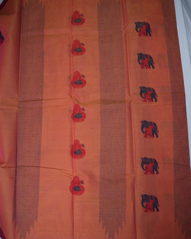 Bhavana Handlooms peach orange Coimbatore handloom saree with traditional elephant motifs and rani pink woven border