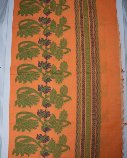 Bhavana Handlooms peach orange handloom saree featuring traditional elephant motifs and a contrast rani pink border.