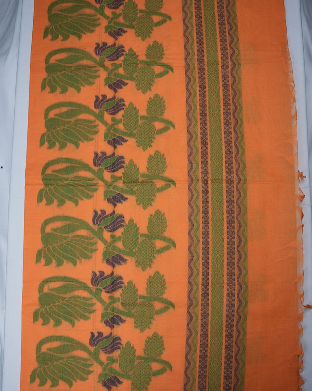 Bhavana Handlooms peach orange handloom saree featuring traditional elephant motifs and a contrast rani pink border.