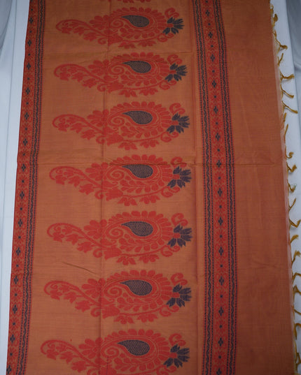 Bhavana Handlooms peach orange handloom saree with traditional elephant motifs and a contrast rani pink woven border