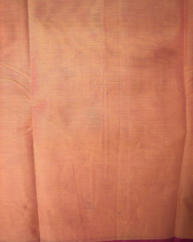 Bhavana Handlooms peach orange handloom saree featuring a contrast magenta woven border and traditional paisley motifs