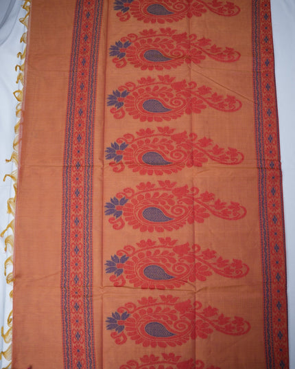 Bhavana Handlooms peach orange Coimbatore handloom saree featuring traditional red paisley motifs and magenta border.