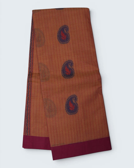Bhavana Handlooms peach orange Coimbatore handloom saree with magenta border and traditional paisley motifs