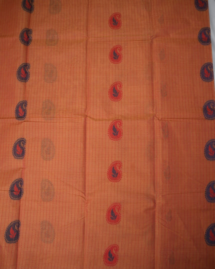 Bhavana Handlooms peach orange Coimbatore handloom saree featuring traditional paisley motifs and a rani pink border.