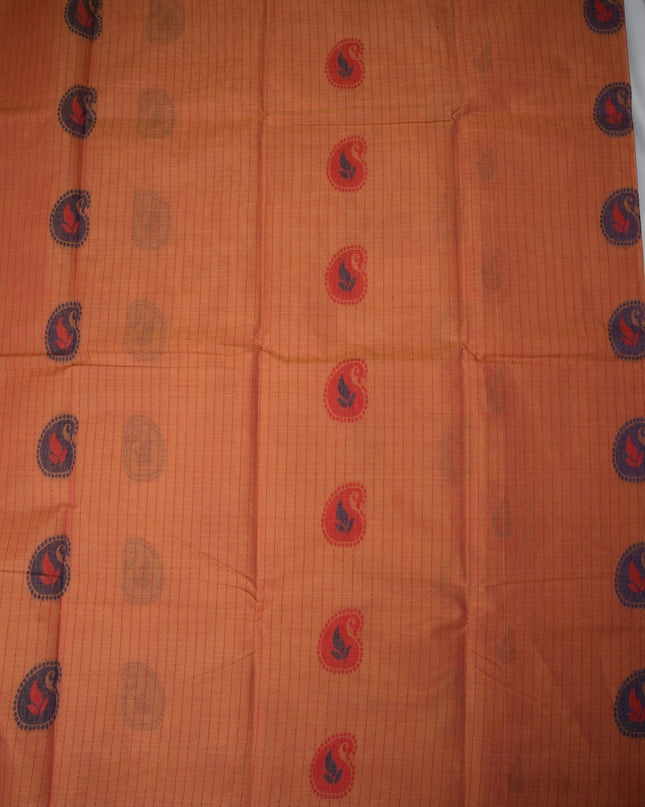 Bhavana Handlooms peach orange Coimbatore handloom saree featuring traditional paisley motifs and a rani pink border.