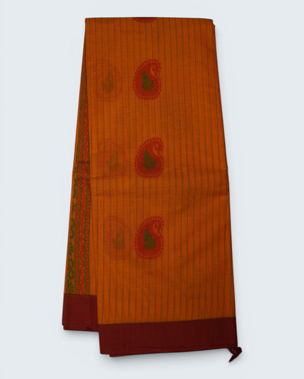 Bhavana Handlooms peach orange Coimbatore handloom saree featuring traditional paisley motifs and a maroon border.