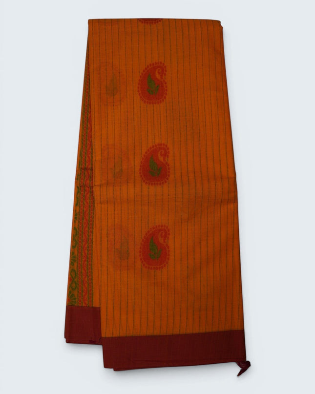 Bhavana Handlooms peach orange Coimbatore handloom saree featuring traditional paisley motifs and a maroon border.
