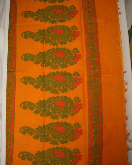 Bhavana Handlooms peach orange handloom saree featuring green paisley motifs and a contrast maroon woven border
