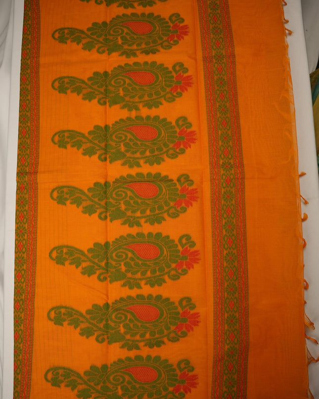 Bhavana Handlooms peach orange handloom saree featuring green paisley motifs and a contrast maroon woven border