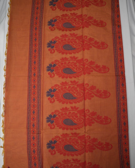 Bhavana Handlooms peach orange Coimbatore handloom saree with traditional red paisley motifs and rani pink woven border