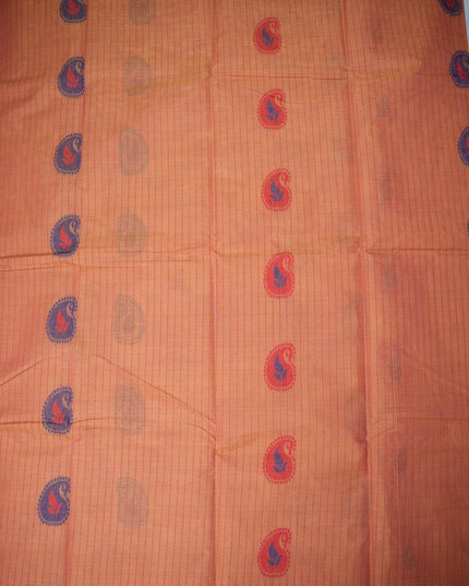 Bhavana Handlooms peach orange Coimbatore handloom saree with blue paisley motifs and a contrast magenta woven border.