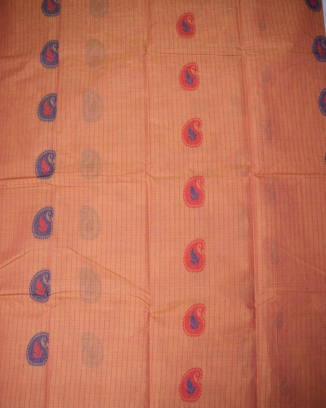 Bhavana Handlooms peach orange Coimbatore handloom saree with blue paisley motifs and a contrast magenta woven border.