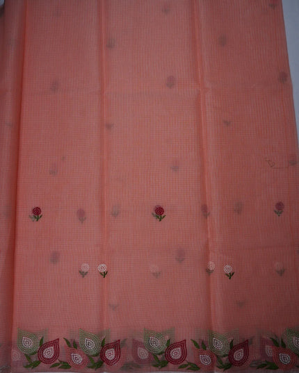 Bhavana Handlooms peach pink silk Kota saree featuring delicate floral embroidery motifs and a designer border.