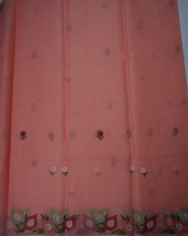 Bhavana Handlooms peach pink silk Kota saree featuring delicate floral embroidery motifs and a designer border.