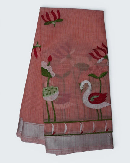 Bhavana Handlooms peach pink silk kota saree featuring intricate swan and lotus embroidery and an elegant border.