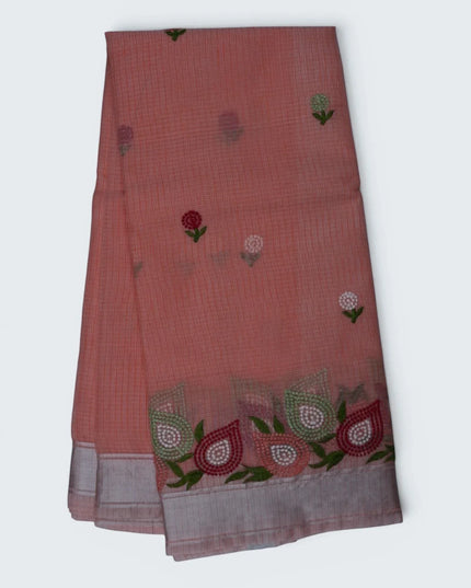 Bhavana Handlooms peach pink silk Kota saree featuring delicate floral embroidery and a multicolor designer border.