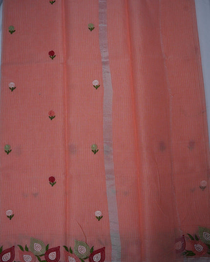 Bhavana Handlooms peach pink silk Kota saree with delicate floral embroidery motifs and a multicolor designer border