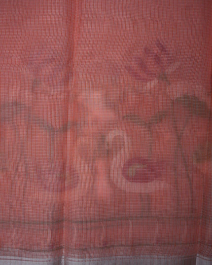 Bhavana Handlooms peach pink silk Kota saree featuring delicate swan and lotus embroidery and a subtle border.