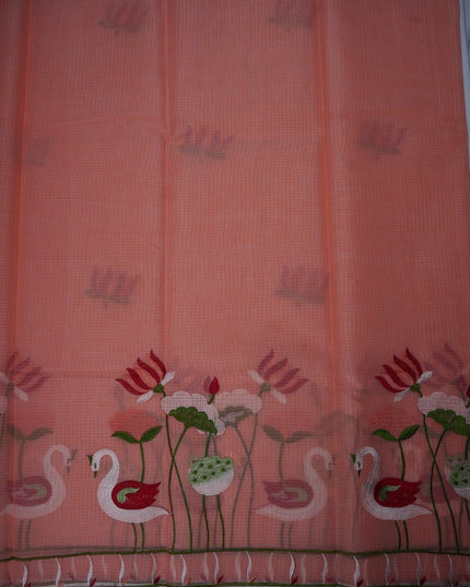 Bhavana Handlooms peach pink silk Kota saree featuring intricate swan and lotus embroidery and a delicate border.