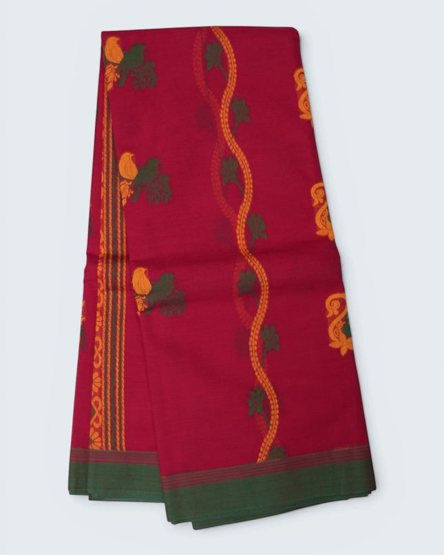 Bhavana Handlooms rani pink Coimbatore handloom saree featuring traditional bird motifs and a contrast green woven border.