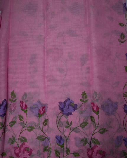 Bhavana Handlooms rose pink silk Kota saree featuring intricate floral vine embroidery and a delicate woven border.